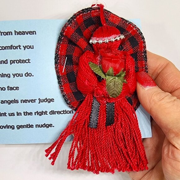 Handmade Red Black Yarn Angel Comfort Love Gift Christmas Holiday Ornament - Picture 2 of 4